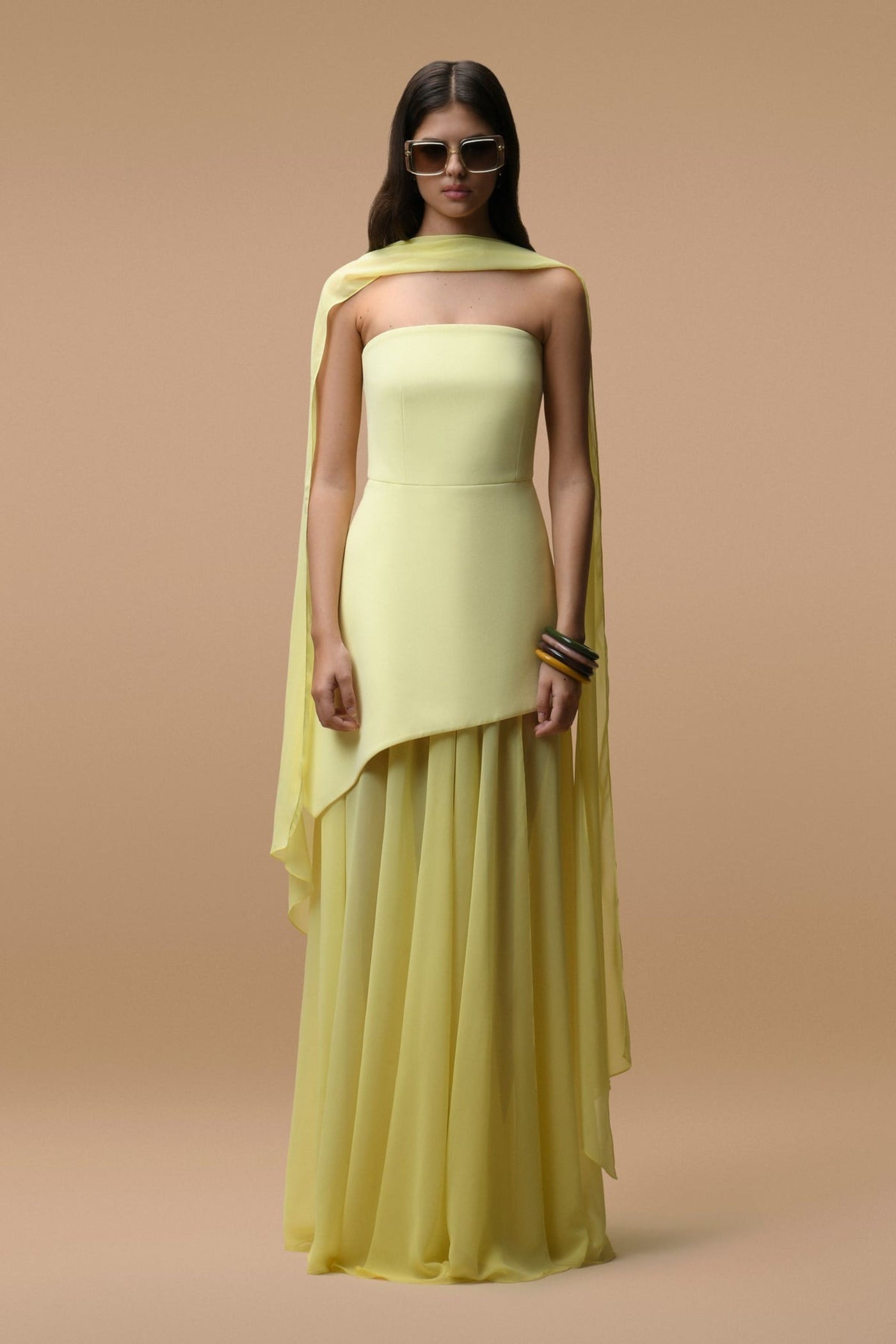 Robe Longue Elara Jaune Pâle  - Bustier & Voile Transparent