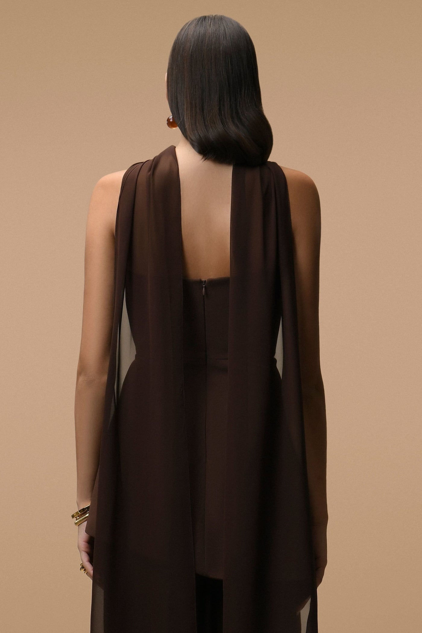 Robe Longue Elara Chocolat - Bustier & Voile Transparent