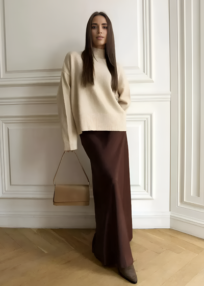 Jupe longue satinée Mila – Chocolat