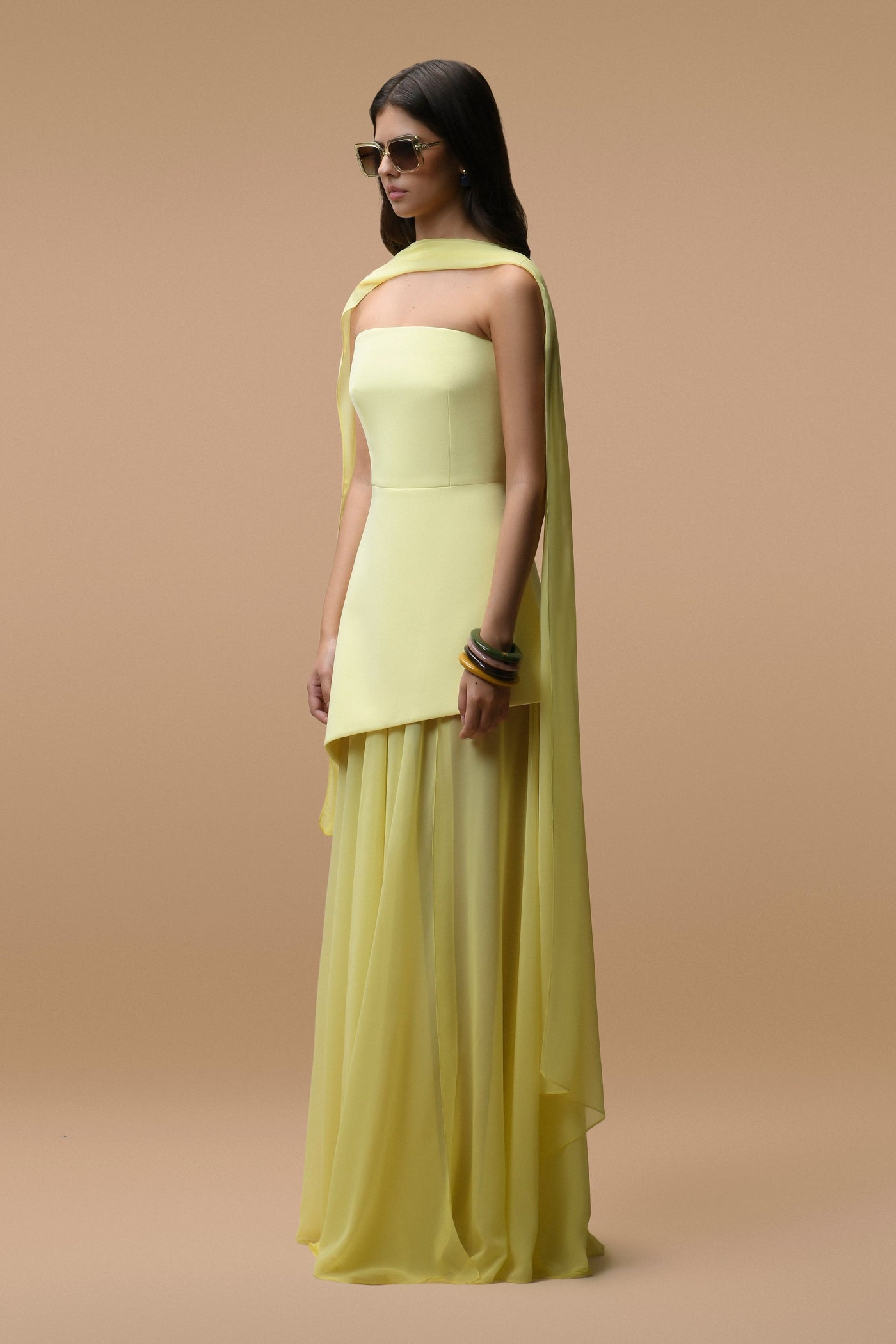 Robe Longue Elara Jaune Pâle  - Bustier & Voile Transparent