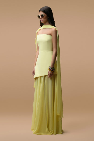 Robe Longue Elara Jaune Pâle  - Bustier & Voile Transparent