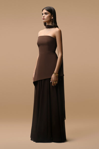 Robe Longue Elara Chocolat - Bustier & Voile Transparent