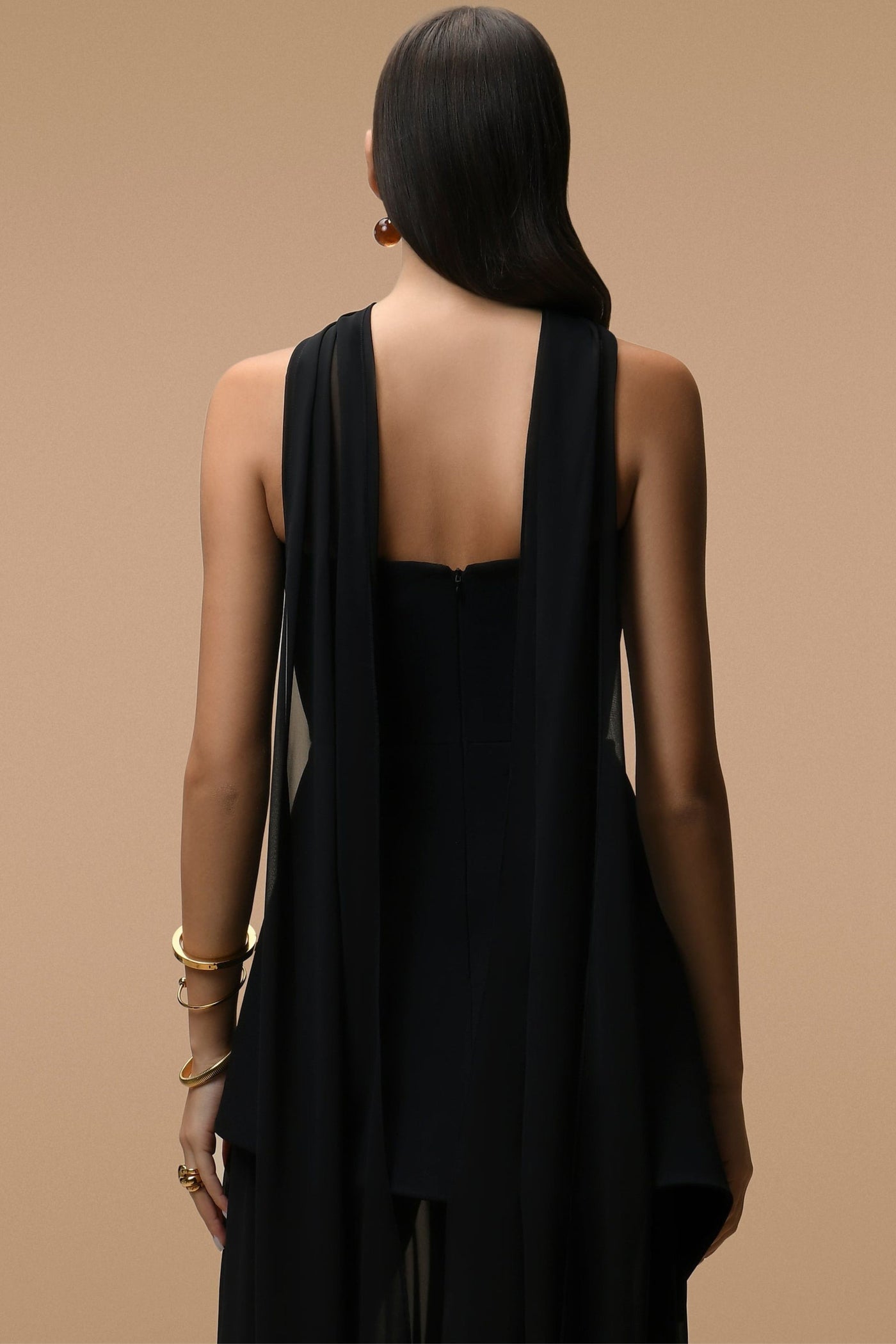 Robe Longue Elara Noir ébène  - Bustier & Voile Transparent