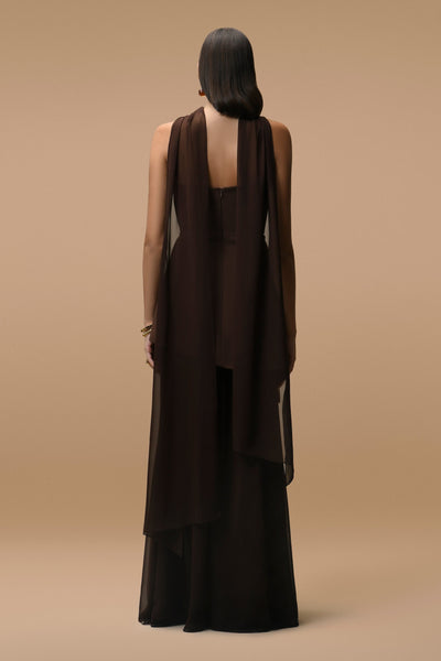 Robe Longue Elara Chocolat - Bustier & Voile Transparent