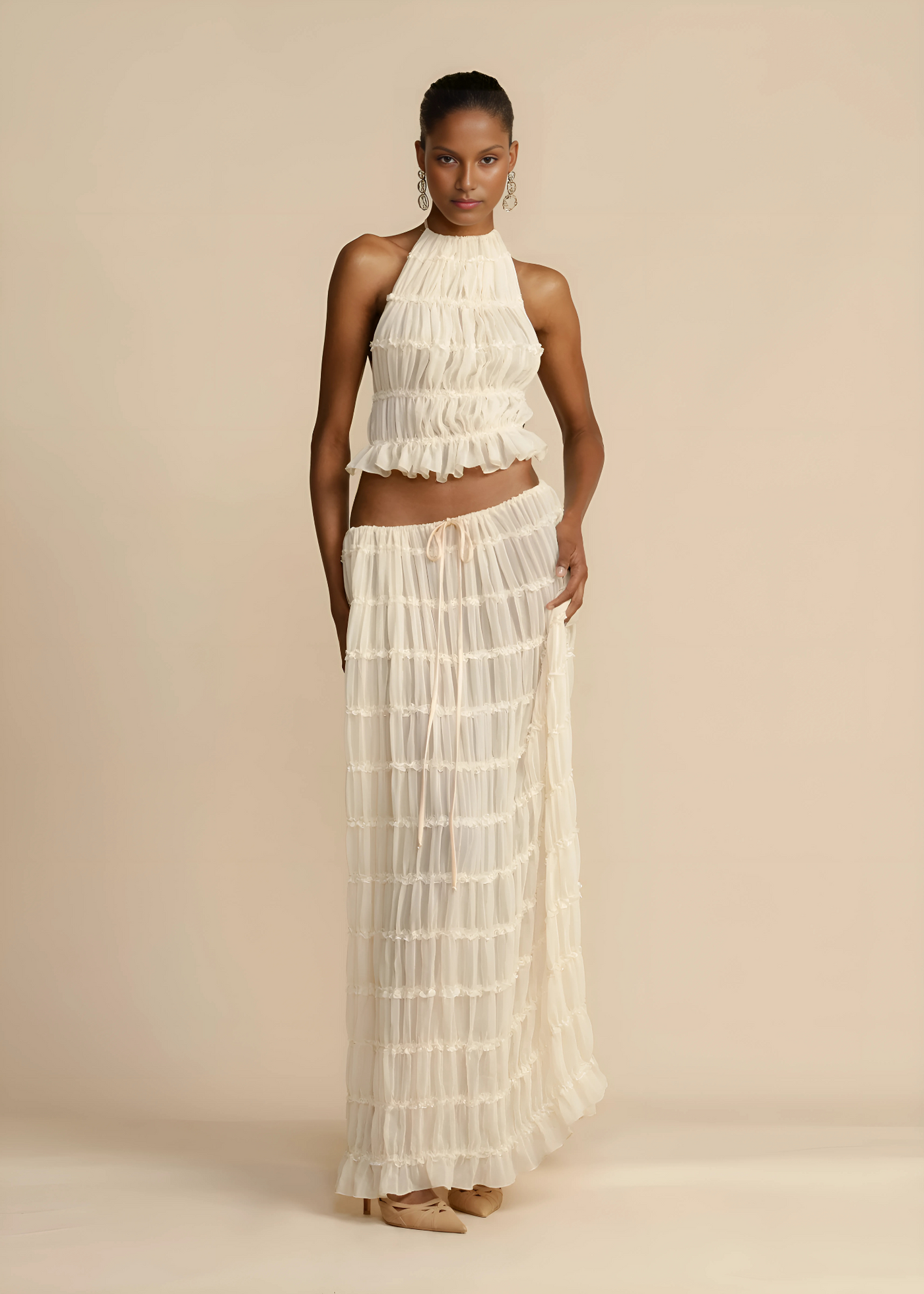 Ensemble Riviera – Silhouette Sculptée & Tulle Aérien - Abricot