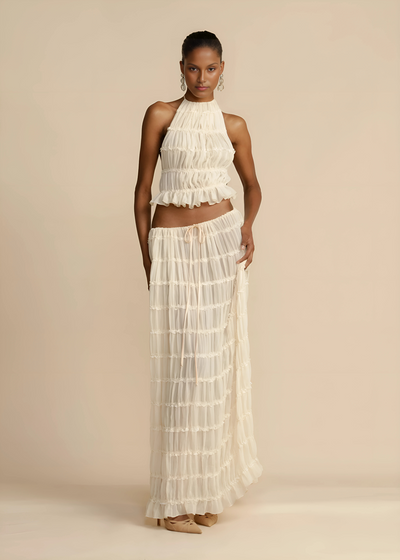 Ensemble Riviera – Silhouette Sculptée & Tulle Aérien - Abricot